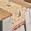 Weihnachtstischläufer mit Lebkuchen- und Schneeflocken-Jacquardmuster und Quasten - Lebkuchenmann Rote Quaste (Jacquard Goldfaden) / Kurzer Läufer