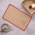 Macro detail of natural jute placemat with red scalloped stitching on rustic table - 30x45cm / Red Scalloped Edge