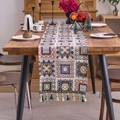Bohemian patchwork table runner with geometric patterns and tassel decor for dining table - 33cmx200cm / Jacquard Beige Geometric Square Green Tassel