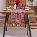 Exotic vintage red jacquard table runner with geometric patterns and tassels - 33cmx350cm / Jacquard Red Geometric Square Green Tassel