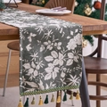 Runner da tavolo verde scuro con motivo floreale crema e nappine colorate - 33cmx120cm / Floreale Verde Scuro Con Nappine