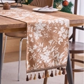 Runner da tavola marrone con motivi floreali bianchi e frange decorative - 33cmx120cm / Floreale Cachi Con Nappine