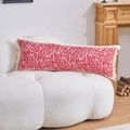 Close-up of red and white floral jacquard lumbar pillow with fringe on white sofa - Red Leaf (4568)
