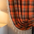 Orange plaid French curtains with white tassels in a cozy retro minimalist home setting - 150x160cm / Bright Orange Plaid Rod Pocket