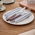 Brown handle stainless steel cutlery set with black white checkered cotton napkin - White Small Grid