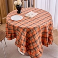 Mantel redondo de cuadros naranja y marrón con volantes para decoración de mesa comedor - 150cm Redondo / Cuadros Teñidos en Hilo Naranja Brillante con Volantes