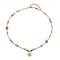 Red agate beaded necklace with vintage sunflower pendant and adjustable gold chain - Sunflower Necklace