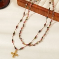 Collar de piedras naturales turmalina rosa con colgante de cruz dorada antigua - Set de collares