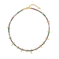Böhmische mehrlagige Halskette mit bunten Perlen und goldenen Stern-Mond-Anhängern - Natürliche Malachit-Halskette