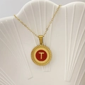 Letter T necklace with red enamel circle pendant and textured gold border detail - Letter T / Red