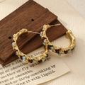 Vintage gold C-hoop earrings with colorful gemstones and pearls in French retro style - Matte Gold with Red/Blue Gravel
