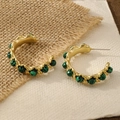 French vintage gold C-shape hoop earrings with green malachite beads and matte finish - Gold with Malachite Green