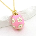 Pink enamel Easter egg pendant necklace with white flowers and sparkling crystals on gold chain - Pink