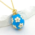 14K gold plated Easter egg pendant necklace with sky blue enamel and floral patterns - Sky Blue