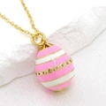 14K gold plated Easter egg pendant necklace with pink enamel stripes and clear zircons - Pink White