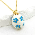 14K gold plated Easter egg pendant necklace with blue floral enamel and small crystals - White