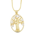 Gold tree of life oval pendant necklace with cubic zirconia and matching box chain - Ellipse