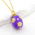 14K gold plated purple enamel Easter egg pendant necklace with daisy floral pattern - Purple