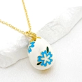 14K gold plated Easter egg pendant necklace with blue enamel flower design for women - White