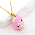 14K gold plated pink enamel Easter egg pendant necklace with white flower and leaf details - Pink