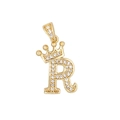 Pendentif Hip Hop lettre R doré avec couronne et micro-pavage en zircons cubiques - Lettre R