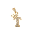 Pendentif lettre T style hip hop doré avec couronne et zircons cubiques micro-pavés - Lettre T