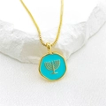 Golden Menorah necklace with turquoise enamel pendant on elegant silk and stone background - Menorah Pattern (1) / Gold + Sky Blue