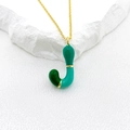 Bubble letter J pendant necklace with green enamel inlay and golden fine chain links - Letter J Style