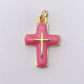 Pink enamel cross pendant with golden metal frame and top ring for jewelry making - Pendant Only (Without Chain) / Pink