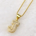 Luxury 18K gold plated letter J pendant necklace with zircon flower baguette stones - Gold J