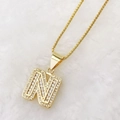 Gold plated letter N necklace pendant with clear cubic zirconia stones on box chain - Gold N