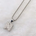Silver letter M pendant necklace with micro-paved zircons on a round box chain - Silver M