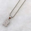 Silver letter R pendant necklace with cubic zirconia pavé stones on box chain - Silver R