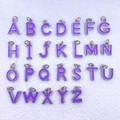 Detailed flat lay of 26 purple enamel letter charms for DIY necklace making - Letter A / Purple