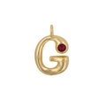 Gold plated letter G charm pendant featuring a vibrant round red zircon stone - Letter G