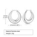 Gepolijste zilveren holle U-vormige roestvrijstalen druppeloorbellen voor dames - U-Vormige Chunky Stijl (EH-288) / Staalkleur
