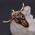 Macro shot of embossed vintage bull skull pendant with gold baroque carvings on crystal - Silver Horns Silver Pattern Style (6059255559590)