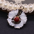 Peach flower pendant with white shell petals and red agate center in golden finish - Red Jasper