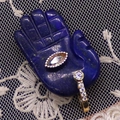 Blue Lapis Hamsa hand pendant with gold plating and marquise cut crystal inlay - 17x32mm / Lapis Lazuli