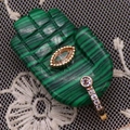 Hamsa Hand pendant in green malachite finish with gold trim and zircon accents - 17x32mm / Malachite