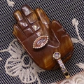 Hamsa Hand pendant in brown tiger eye stone with purple eye inlay and diamond bail - 17x32mm / Tiger's Eye