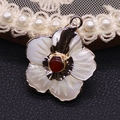 Peach blossom flower pendant with white shell petals and red agate core in gold plating - Red Agate