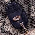 Blue sandstone Hamsa Hand pendant with marquise crystal and gold plated hardware - 17x32mm / Blue Sandstone