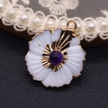 Elegant white peach blossom shell pendant with purple crystal center and gold plated edge - Purple Crystal