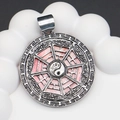 Macro detail of Tai Chi Bagua pendant with pink shell inlay and antique silver finish - 34x39mm / No.2 (Pink Shell)