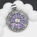 Macro shot of silver Tai Chi Bagua pendant with purple shell inlay and scroll texture - 34x39mm / No.6 (Purple Shell)