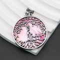 Detail of silver tree of life pendant with pink mother of pearl and family silhouette - 32x36mm / No.1-Pink