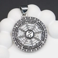 Silver Yin Yang Bagua shell pendant with antique engraving on a white display stand - 34x39mm / No.4 (White Shell/Silver Frame)