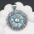 Blue Tai Chi Bagua shell pendant in antique silver finish with wave pattern details - 34x39mm / No.5 (Light Blue Shell)