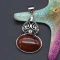 Vintage oval pendant with brown goldstone and silver filigree detail with small crystal - 28x44mm, 10g / Gold Sandstone